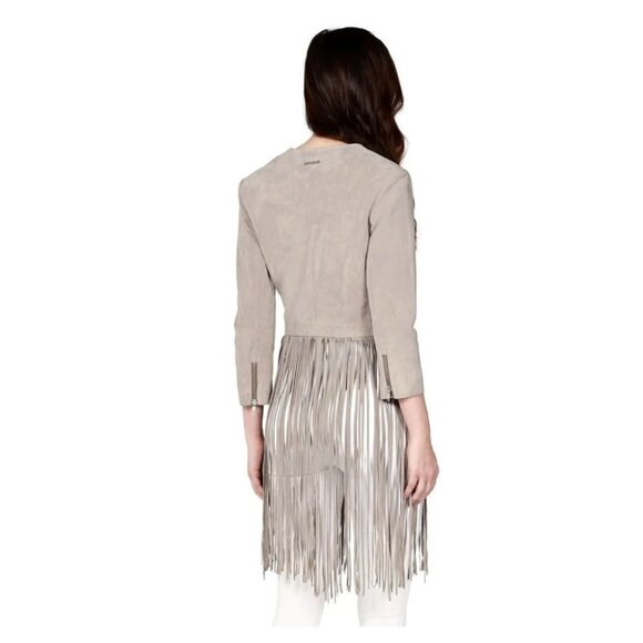 NWT Soia & Kyo Romie Collarless Light Grey Suede Long fringe  Boho Jacket XS - Picture 2 of 13
